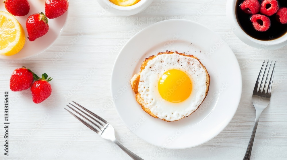 A vibrant breakfast setting featuring a perfectly fried egg on a white plate, accompanied by fresh strawberries, lemon slices, and a cup of coffee with raspberries A vibrant breakfast setting featuring a perfectly fried egg on a white plate, accompanied by fresh strawberries, lemon slices, and a cup of coffee with raspberries