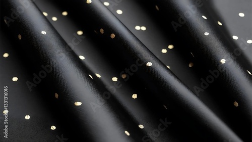 Smooth black silk texture with a gentle shimmer, enhanced by scattered tiny gold flecks, evoking a luxurious aesthetic.