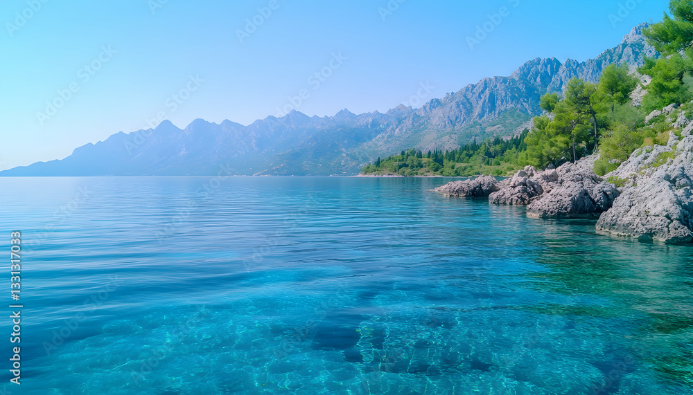 Serene coastal scene with crystal-clear turquoise water, rocky shoreline, and majestic mountain backdrop under a clear blue sky Serene coastal scene with crystal-clear turquoise water, rocky shoreline, and majestic mountain backdrop under a clear blue sky