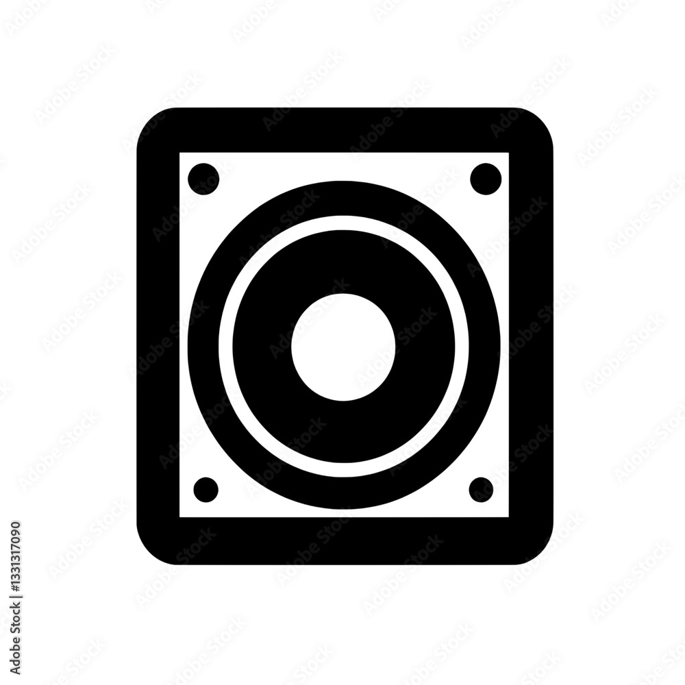 Minimalist black and white square speaker icon symbolizing audio devices, sound systems, and music technology. Minimalist black and white square speaker icon symbolizing audio devices, sound systems, and music technology.