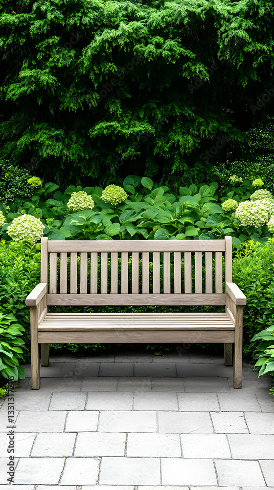 Serene garden bench nestled amongst lush greenery Serene garden bench nestled amongst lush greenery