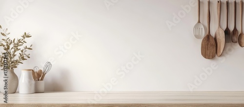 A white wall with a wooden shelf and a few kitchen utensils on it