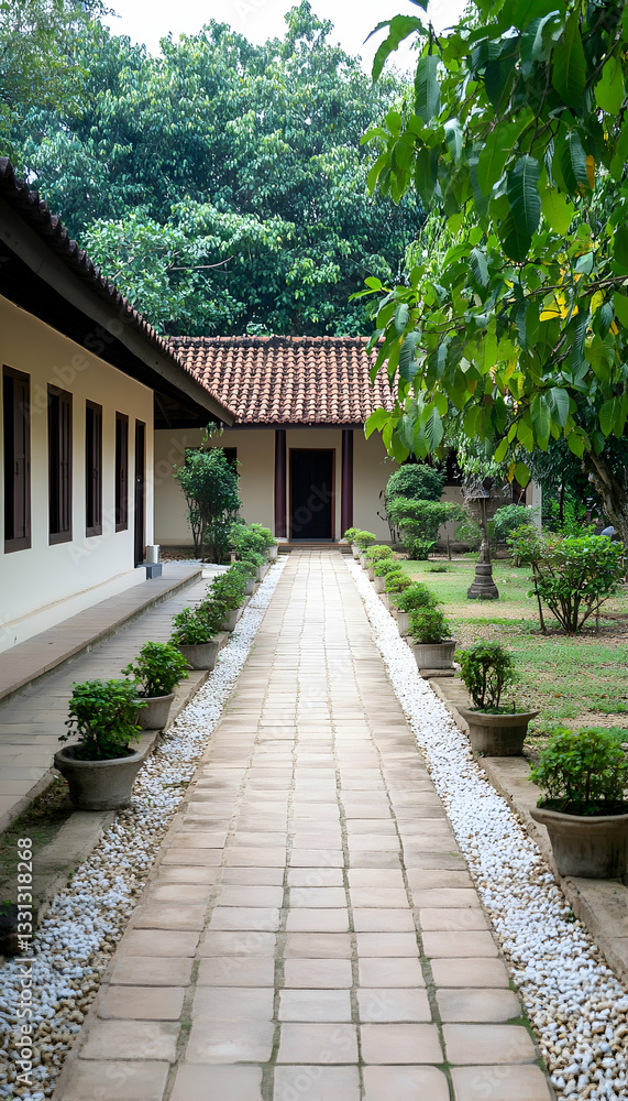 Serene pathway leads to building in lush garden Serene pathway leads to building in lush garden