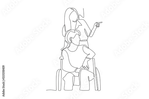 Sisters who accompany the elderly in nursing homes. Older adults in nursing homes concept one-line drawing