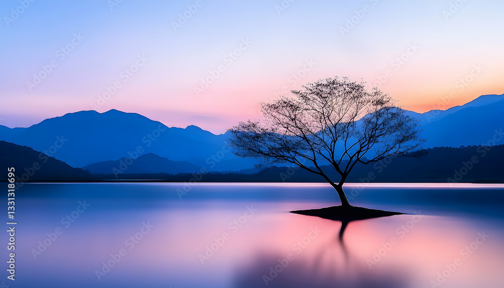 Serene sunrise over a still lake, lone tree silhouetted against vibrant mountains Serene sunrise over a still lake, lone tree silhouetted against vibrant mountains