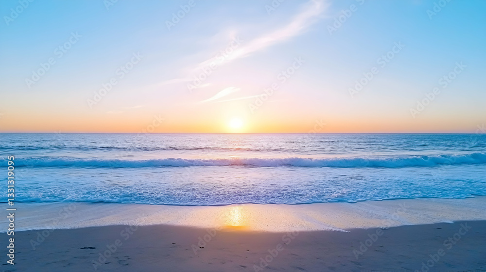 Fototapeta premium Serene sunset over calm ocean waves on a sandy beach