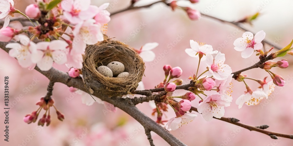 Naklejka premium Spring blossoms embrace tiny hummingbird nest with eggs nature's sanctuary cherry blossom trees tranquil environment close-up view delicate ecosystem