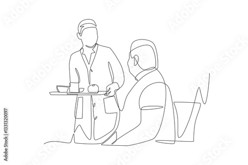 Sisters feed the elderly in a nursing home. Older adults in nursing homes concept one-line drawing