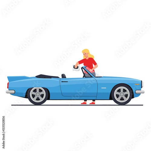 Blue convertible car with woman driving in flat vector art style