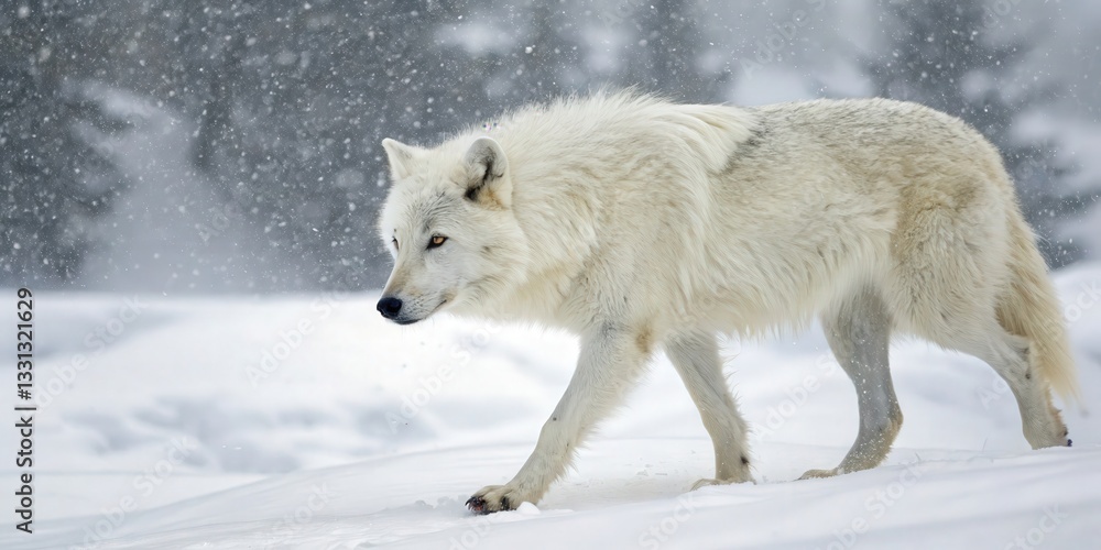 Obraz premium White arctic wolf navigating a snowstorm in the arctic wilderness stunning wildlife photography capturing nature's beauty
