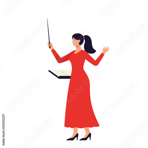 Woman conductor in red dress performing with wand in flat vector art