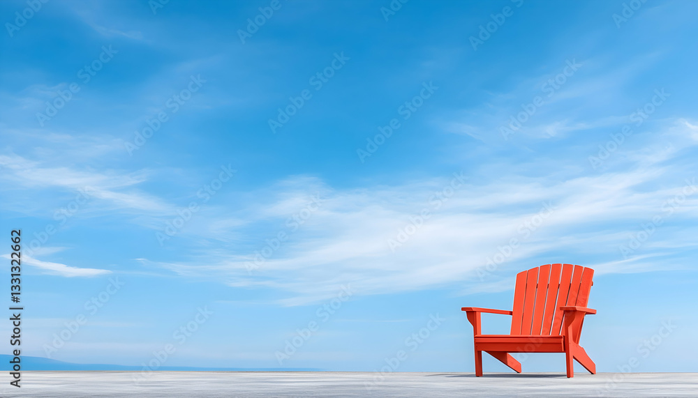 Solitary orange Adirondack chair on a deck overlooking a tranquil ocean under a vibrant blue sky Solitary orange Adirondack chair on a deck overlooking a tranquil ocean under a vibrant blue sky