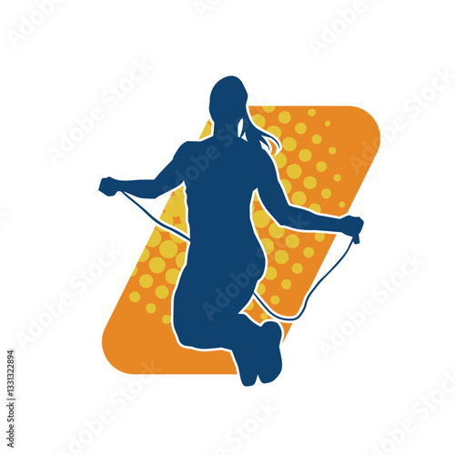 Silhouette of a slim sporty woman doing jump rope workout.