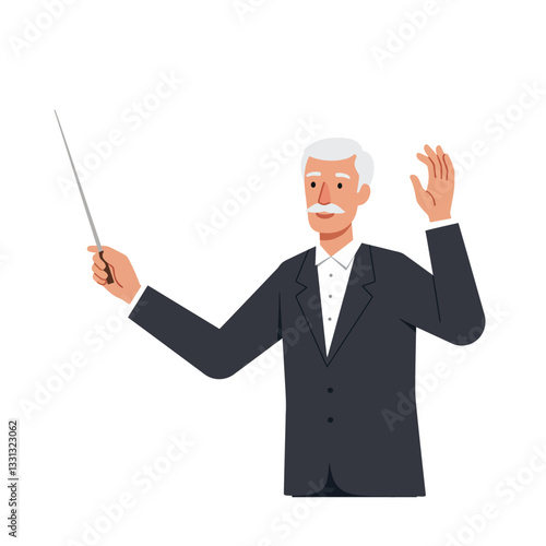 Conductor leading an orchestra with enthusiasm in flat vector art