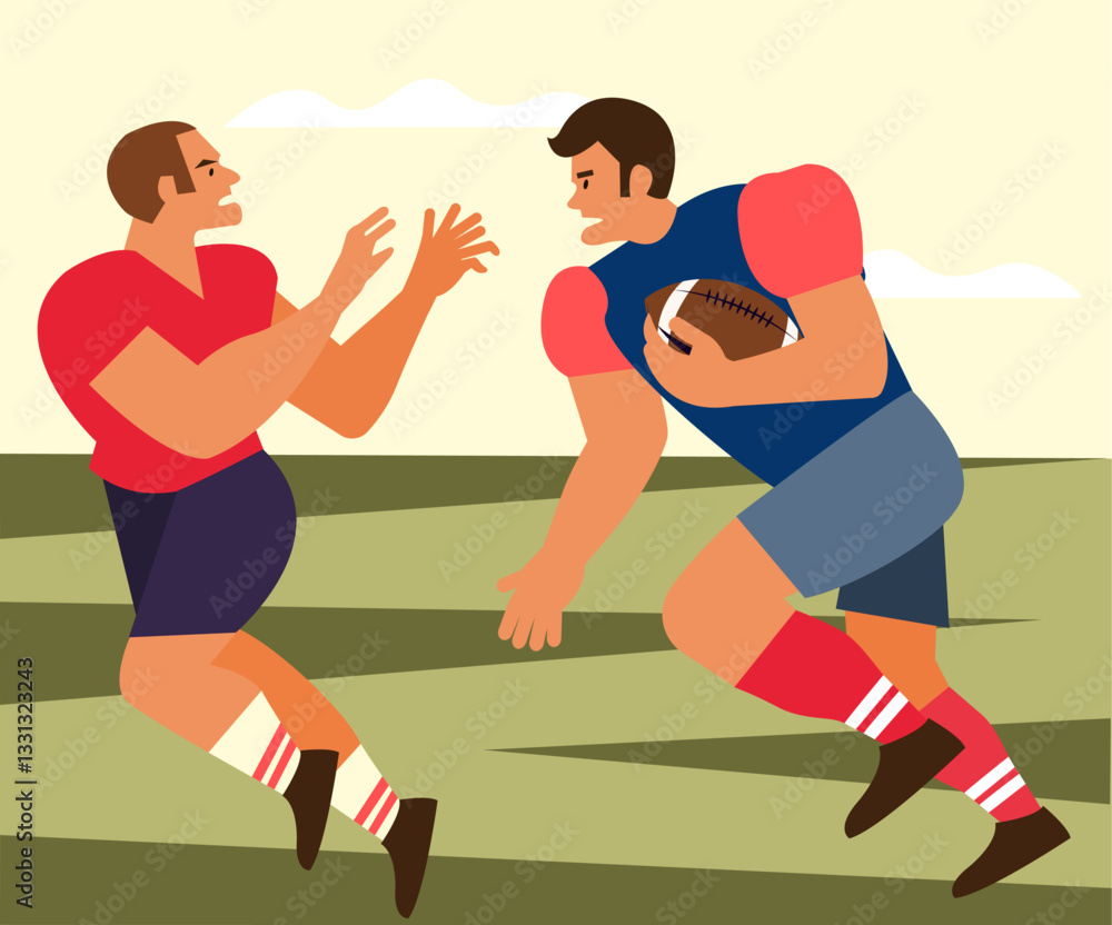 Rugby players, field, stadium. Athletes playing. American football, sports game, vector illustration Rugby players, field, stadium. Athletes playing. American football, sports game, vector illustration