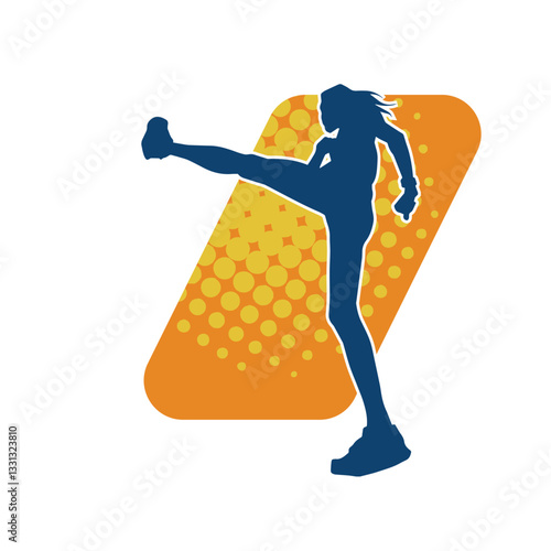 Silhouette of a woman doing a martial art kick. Silhouette of a sporty female doing kicking movement.