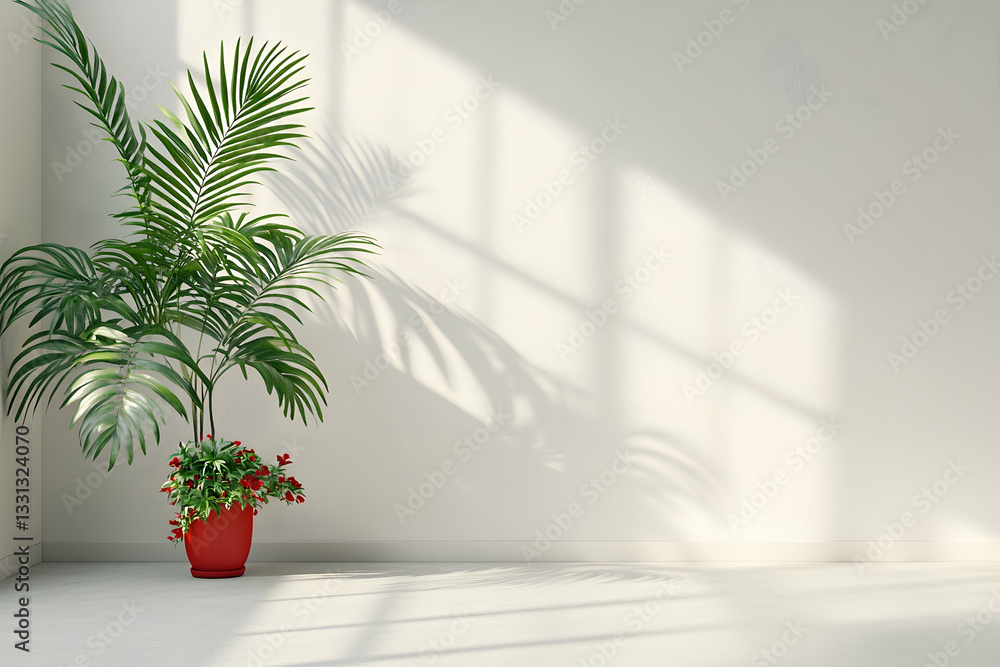 Sunlit minimalist room corner with potted palm & red flowers Sunlit minimalist room corner with potted palm & red flowers