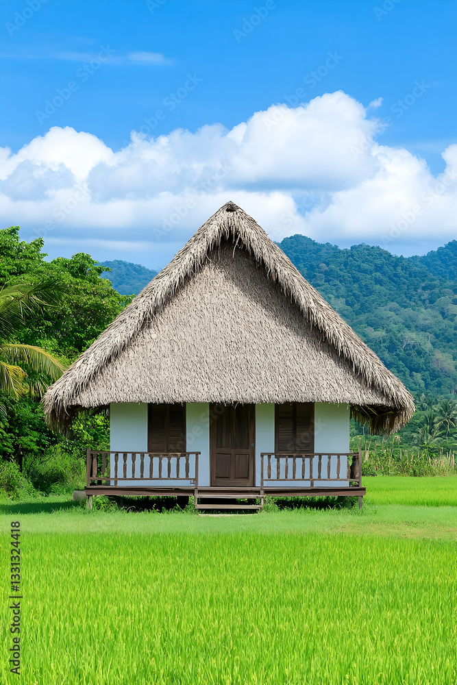 Thatched-roof hut in vibrant green rice paddy, against mountains under blue sky Thatched-roof hut in vibrant green rice paddy, against mountains under blue sky