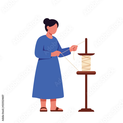 Woman weaving thread with spindle in flat vector art style