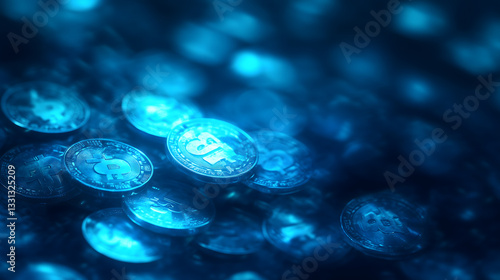 Wallpaper Mural Glowing blue money coins with business diagram graph chart background. AI generated image Torontodigital.ca