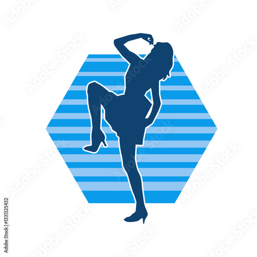 Silhouette of a female dancer in action pose. Silhouette of a woman dancing happily.