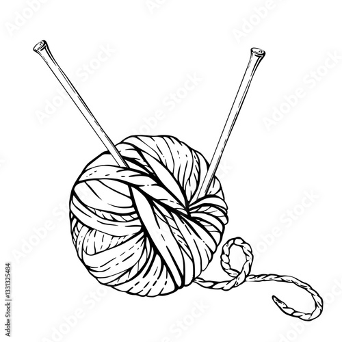 Ball of yarn with knitting needles. Skein of knitting thread, Vector black line art hand drawing illustration. Hobby knitting arrangement for handmade product label design isolated from background