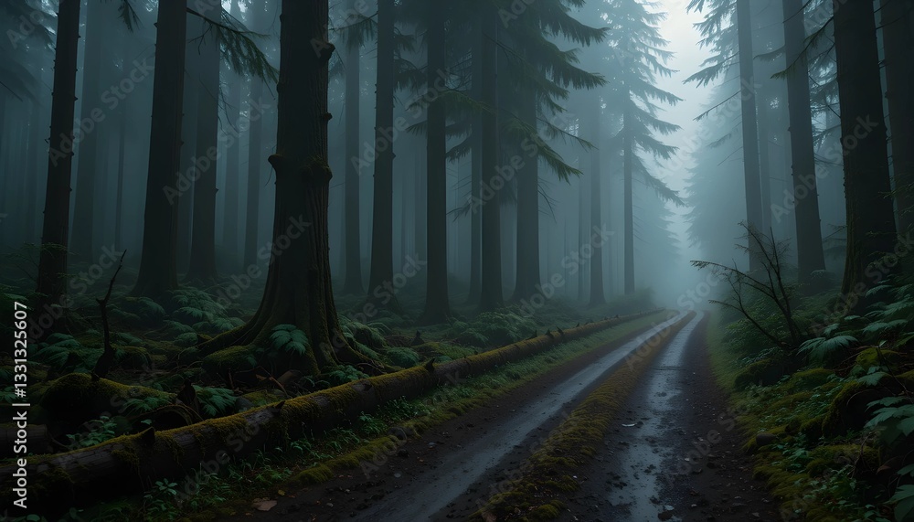 Naklejka premium Misty Forest Pathway with Towering Trees and Lush Greenery