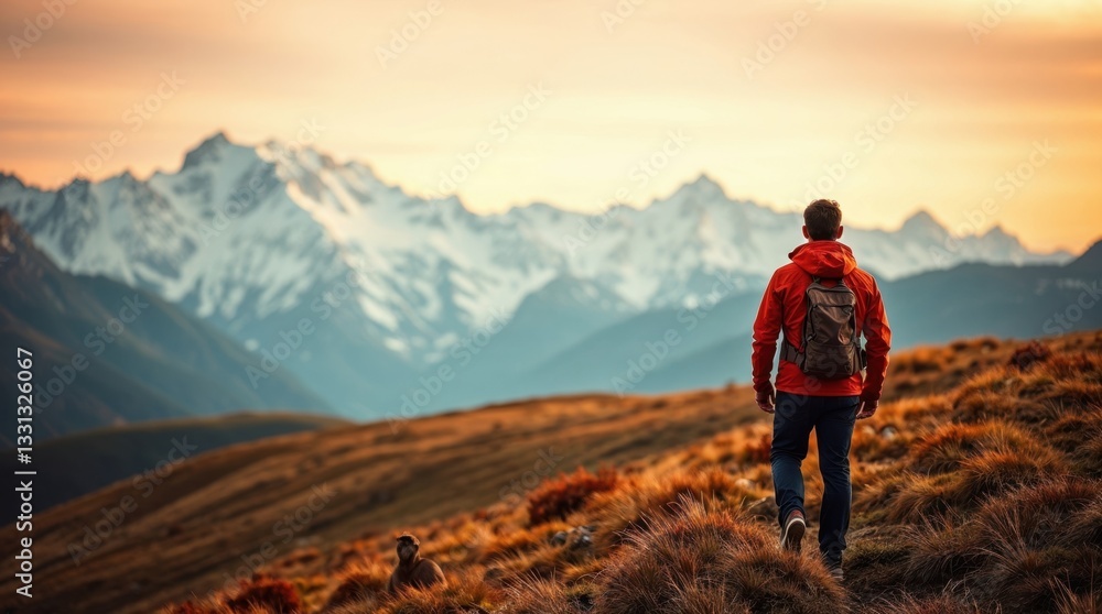 Fototapeta premium A lone hiker stands on a grassy ridge
