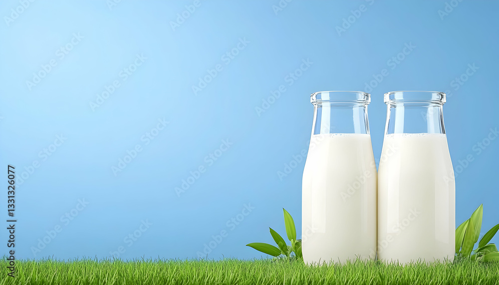 Two glass milk bottles on grass against a blue background Two glass milk bottles on grass against a blue background