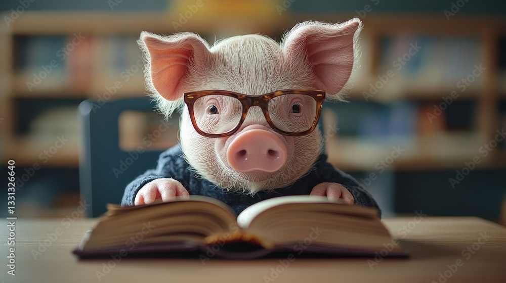 Adorable Piglet in Glasses Reading a Book at a Desk Cute Animal Studying Adorable Piglet in Glasses Reading a Book at a Desk Cute Animal Studying
