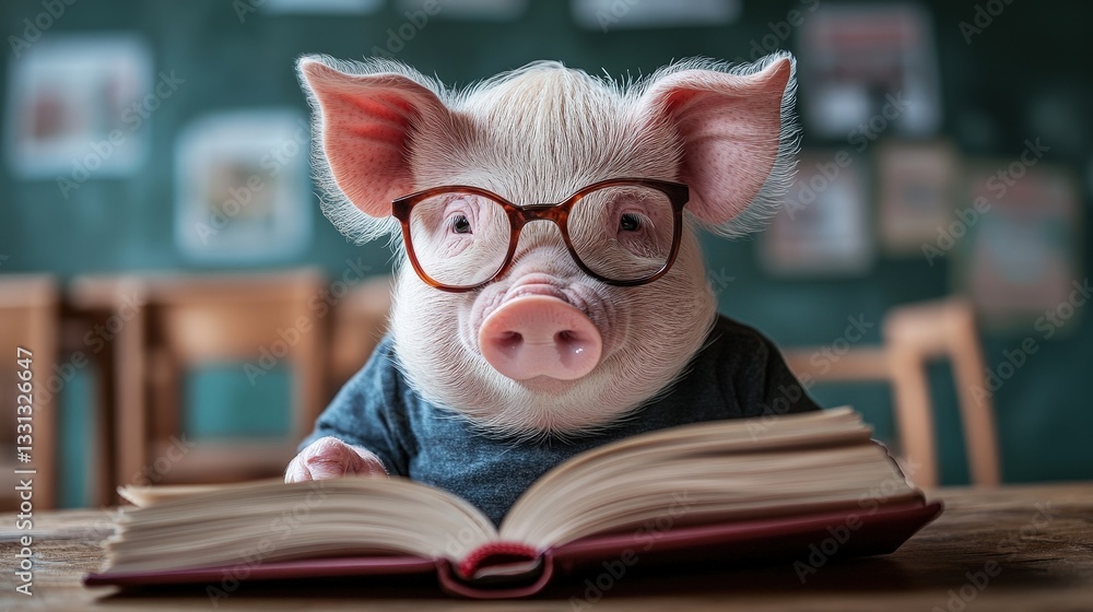 Adorable Piglet in Glasses Reading a Book Studious Farm Animal Cute Animal Portrait Adorable Piglet in Glasses Reading a Book Studious Farm Animal Cute Animal Portrait