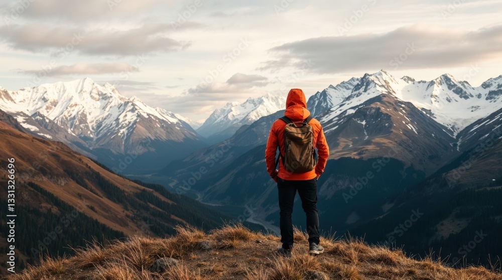 Fototapeta premium A lone hiker stands on a grassy ridge