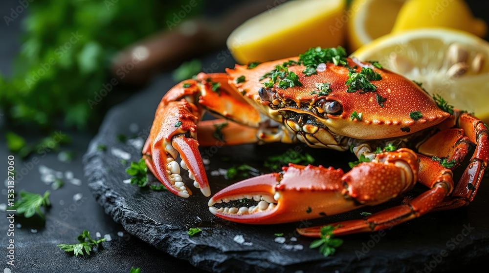 Delicious Cooked Crab Lemon and Parsley on Dark Stone Plate Delicious Cooked Crab Lemon and Parsley on Dark Stone Plate