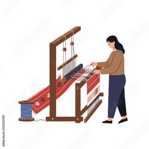 Weaver working on traditional loom in flat design style vector art