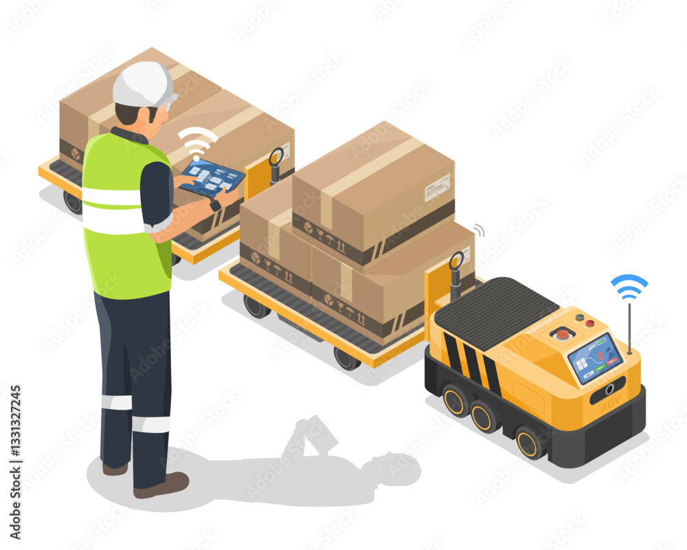 Isometric Isolated Smart Warehouse with Automated Guided Vehicle AGV and Engineer Controlling Logistics in Industry 4.0 Isometric Isolated Smart Warehouse with Automated Guided Vehicle AGV and Engineer Controlling Logistics in Industry 4.0
