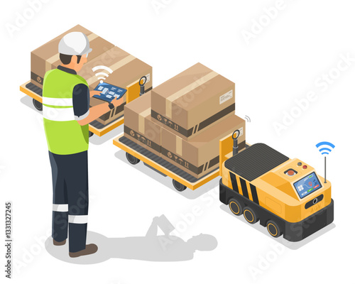 Isometric Isolated Smart Warehouse with Automated Guided Vehicle AGV and Engineer Controlling Logistics in Industry 4.0