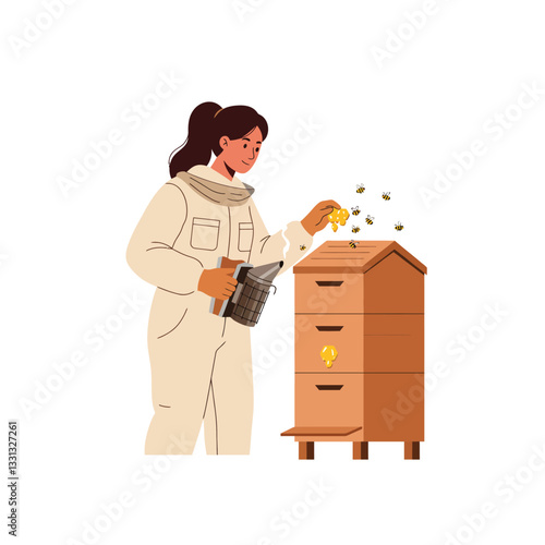Woman in beekeeping suit tending to bees with flat vector illustration