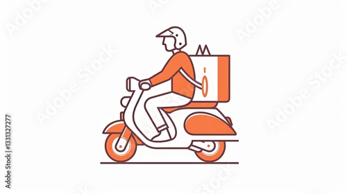 Simple line drawing of scooter with pizza delivery man on it, vector logo design style
