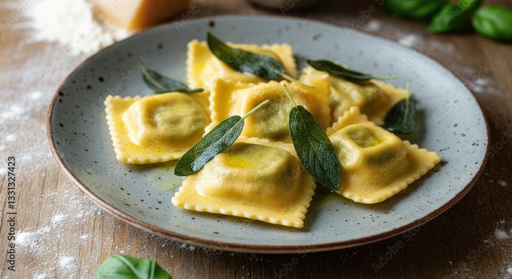 Delicious ravioli pasta with sage leaves on plate Delicious ravioli pasta with sage leaves on plate