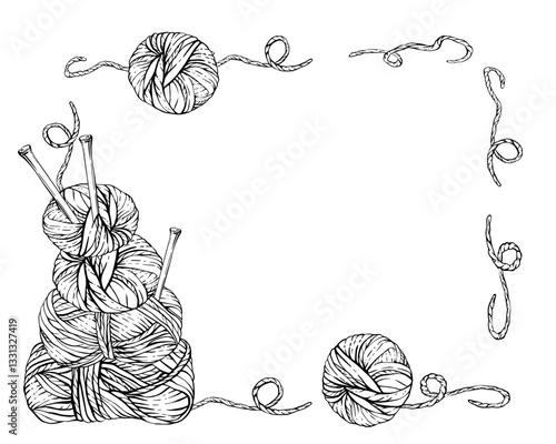 Skeins of knitting thread, balls of yarn with needles and pins banner, frame. Vector line art hand drawing illustration. Hobby knitting template for handmade product label isolated from background