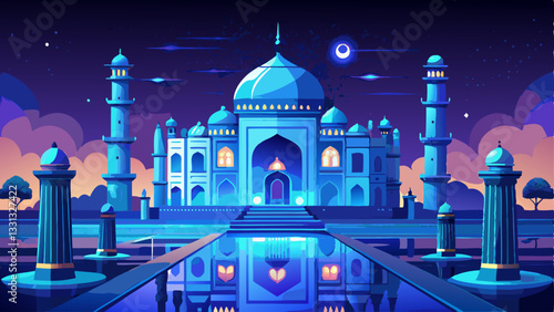 Taj Mahal Illuminated in Blue with Technology Network Reflecting on Water, Agra, India at Night