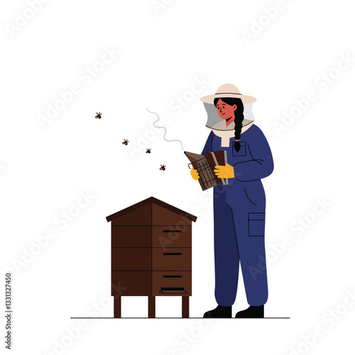 Beekeeper tending to hive with smoke in flat vector art style