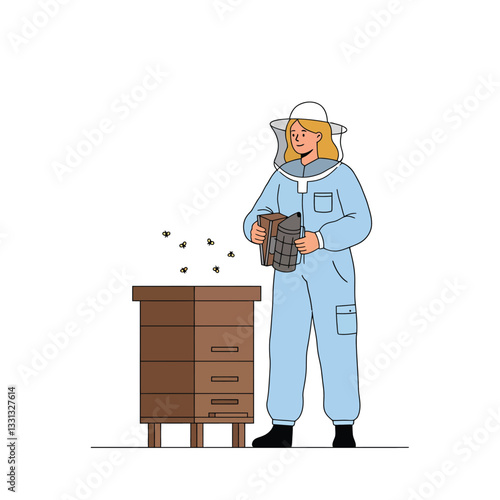 Beekeeper in protective suit interacting with bees in flat vector illustration