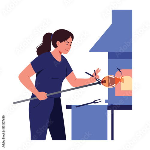 Glassblower shaping molten glass in minimal flat vector illustration style vector art