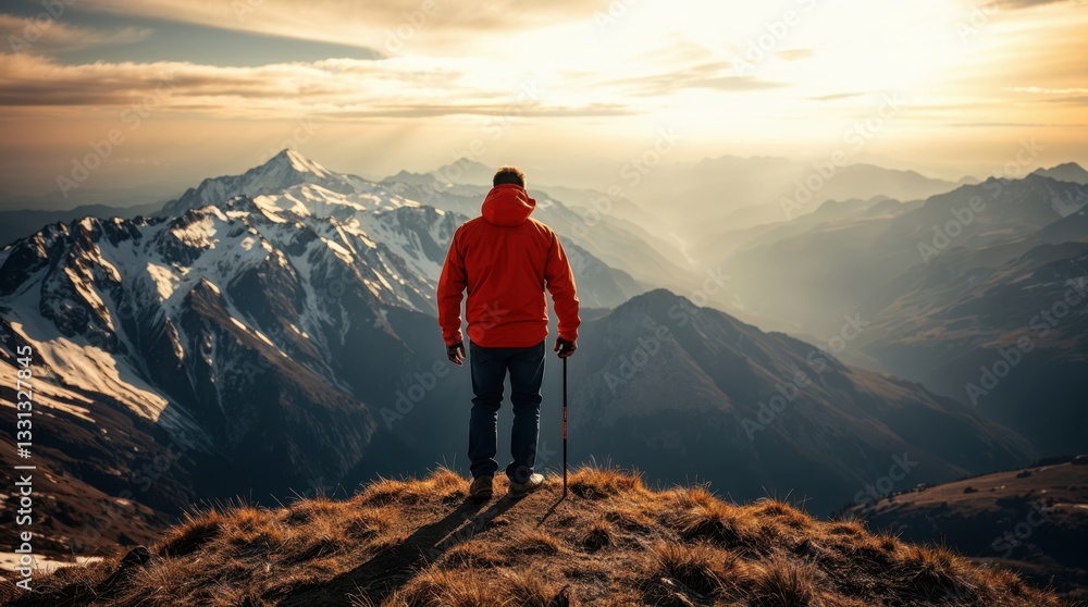 Obraz premium A lone hiker stands on a grassy ridge