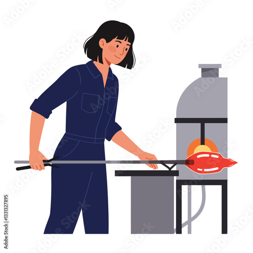 Glassblower shaping molten glass in a studio with flat vector art style vector illustration