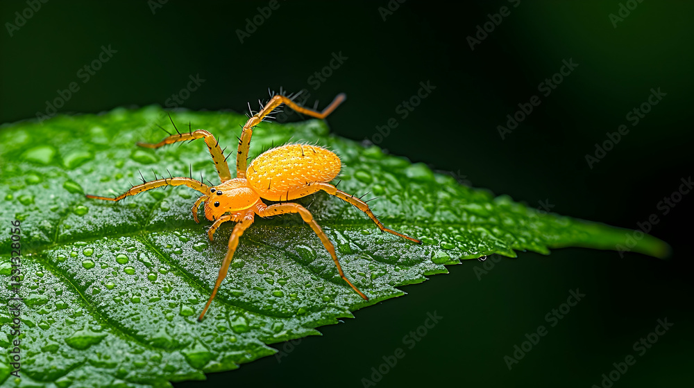 Naklejka premium Vibrant orange spider on dew-kissed green leaf