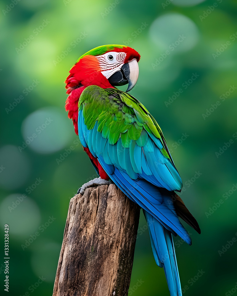 Vibrant red, green, and blue macaw perched on weathered wood against a blurred green background Vibrant red, green, and blue macaw perched on weathered wood against a blurred green background