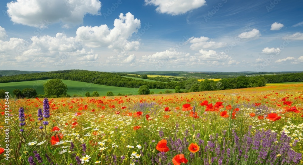 Colorful meadow with wildflowers under partly cloudy sky in tranquil countryside landscape Colorful meadow with wildflowers under partly cloudy sky in tranquil countryside landscape
