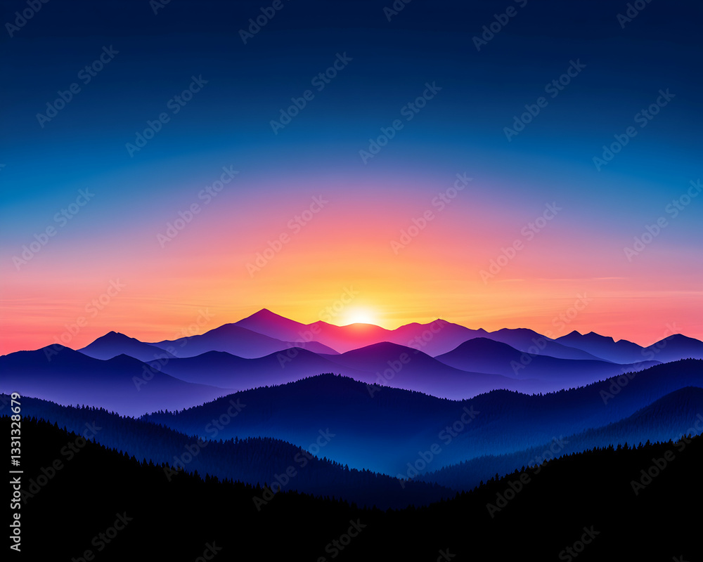 Fototapeta premium Vibrant sunset over silhouetted mountain range